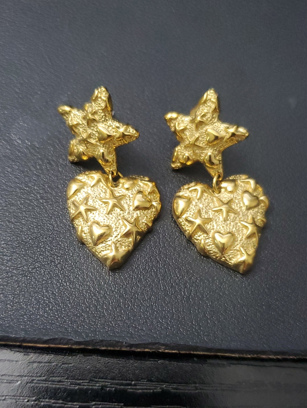 Textured Gold Star & Heart Drop Earrings - Women Jewelry